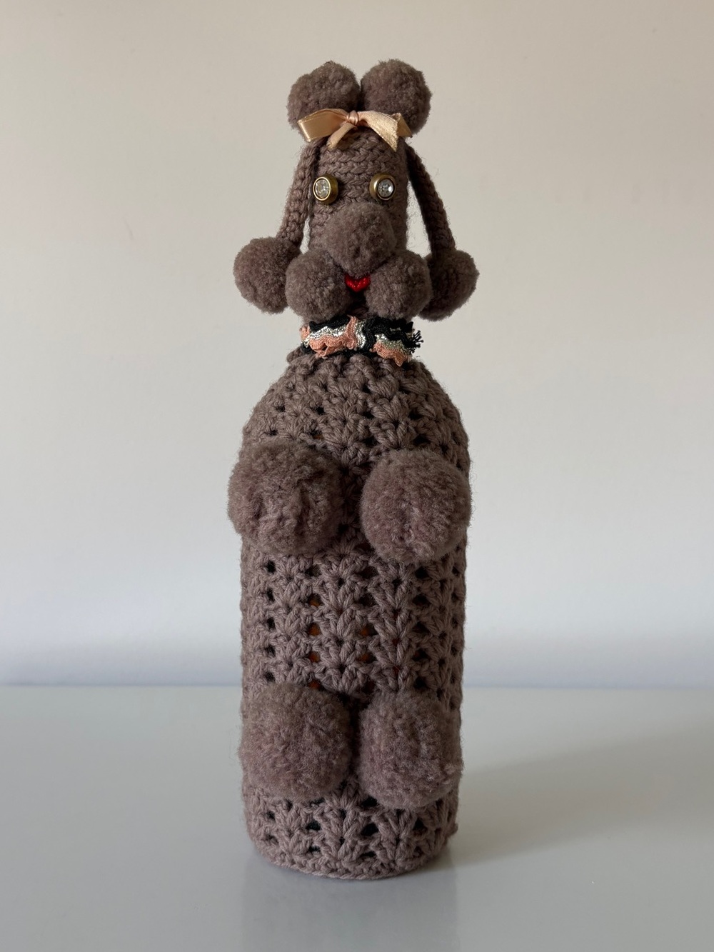 1960s Crochet Poodle Bottle Cover with Amber Apothecary Bottle MCM Barware